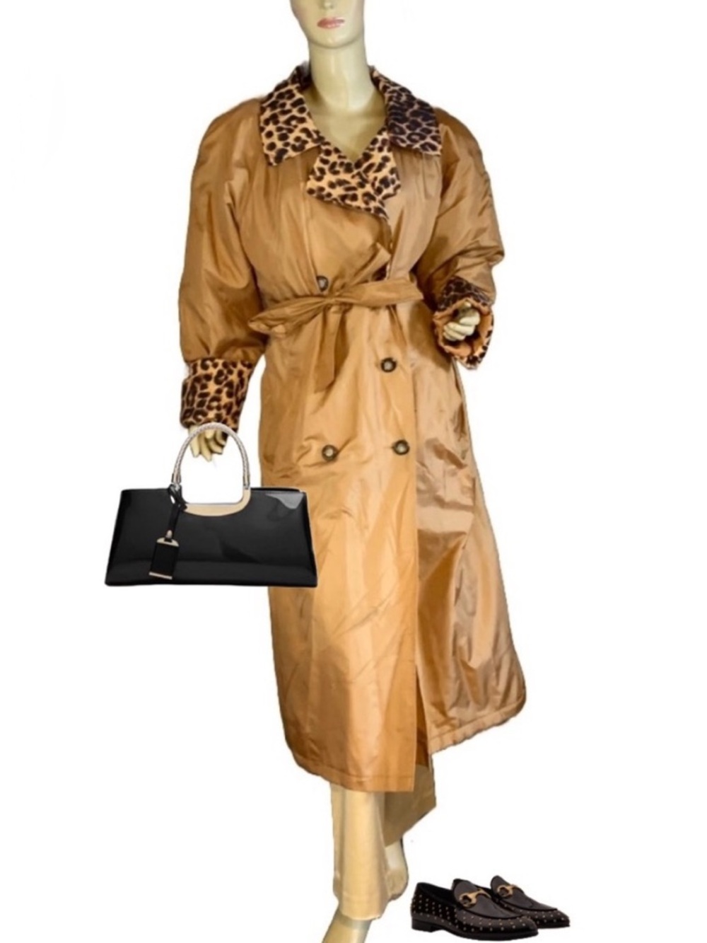 VINTAGE 1980'S ATLANTIC BEACH TAN W/ANIMAL PRINT SILK TRENCH JACKET (1X)